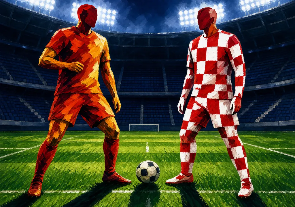 Stylized editorial illustration of Stadion Poljud at night with two abstract football figures facing each other under stadium lights, one in red and yellow tones and one in red and white checkered pattern.
