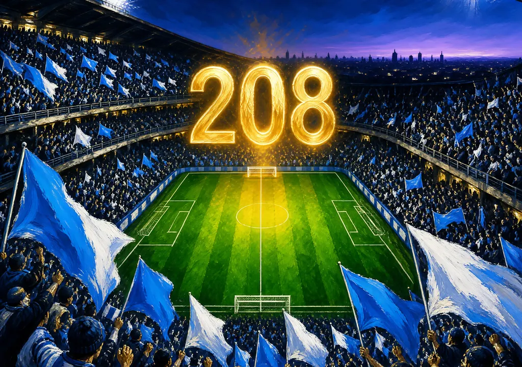 Packed Buenos Aires stadium at night with sky-blue and white flags and a glowing 208 above the pitch