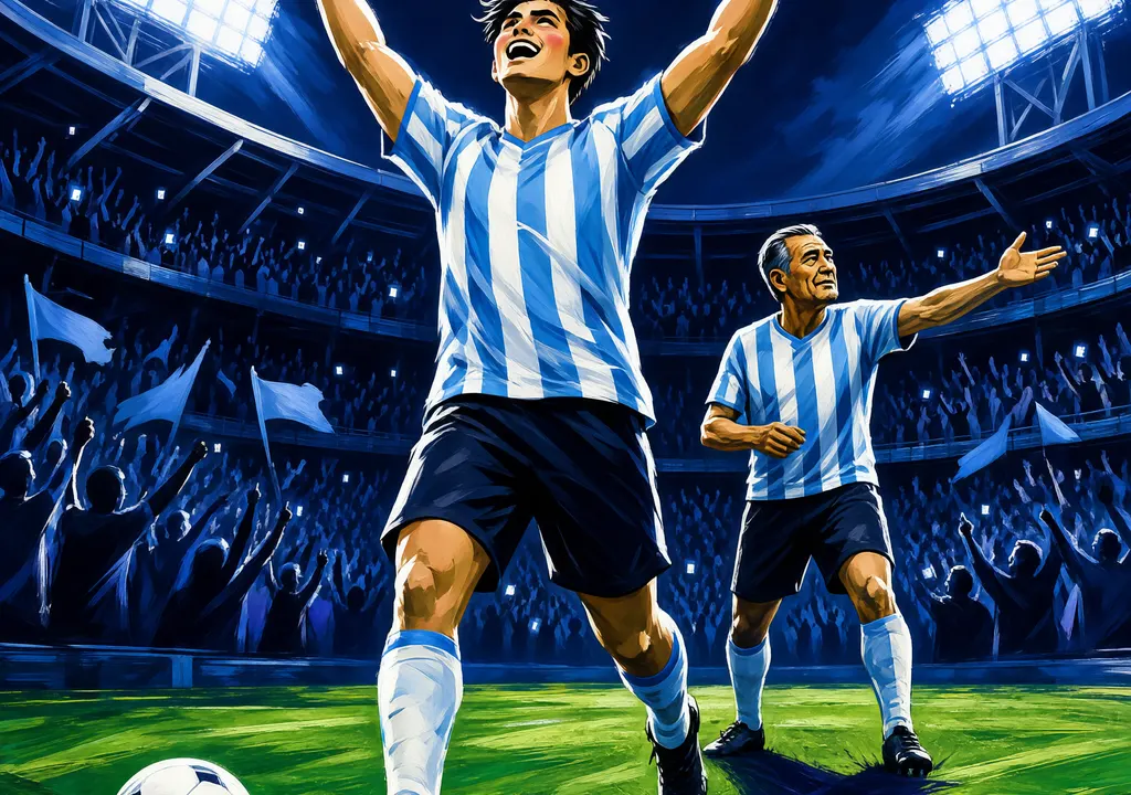 Stylized editorial illustration of a soccer player celebrating a goal in a packed stadium at night, light blue and white colors