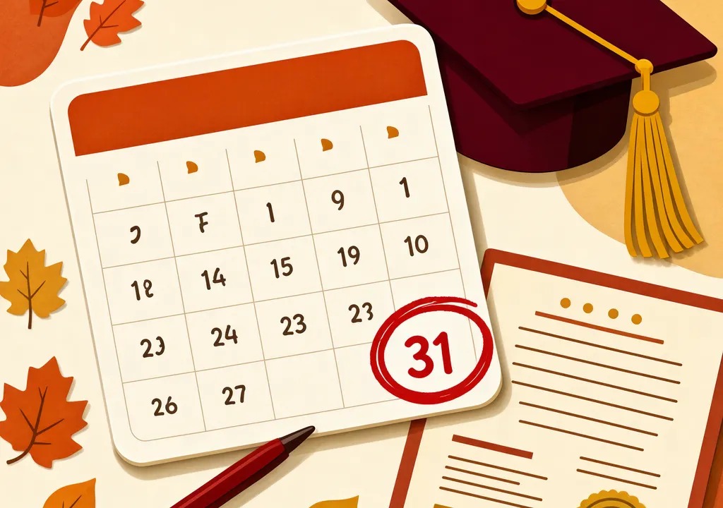 Calendar page with October 31 circled, graduation cap and scholarship document illustration