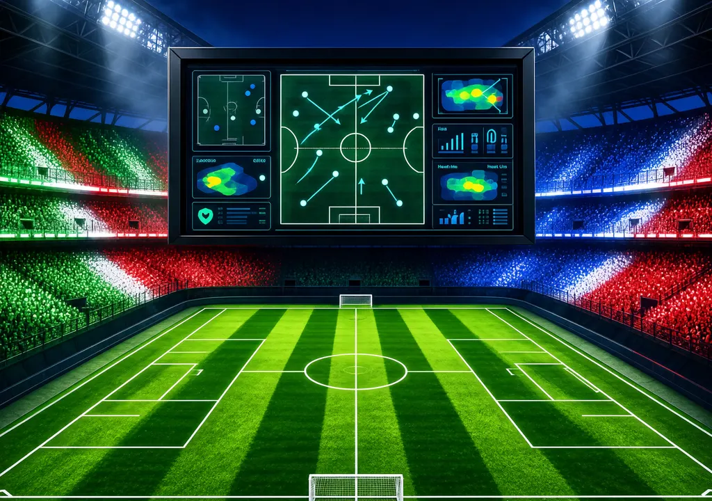 Editorial illustration of a soccer stadium at night with a large screen showing a football match analysis panel