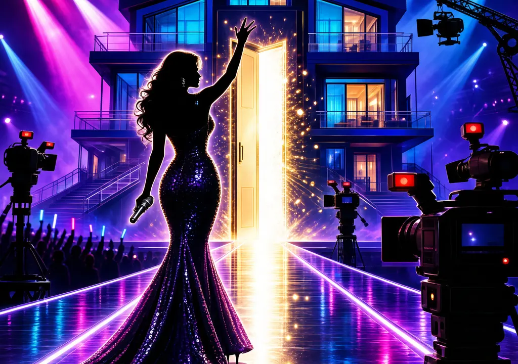 Editorial illustration of a singer on stage facing a reality TV house with a wildcard door