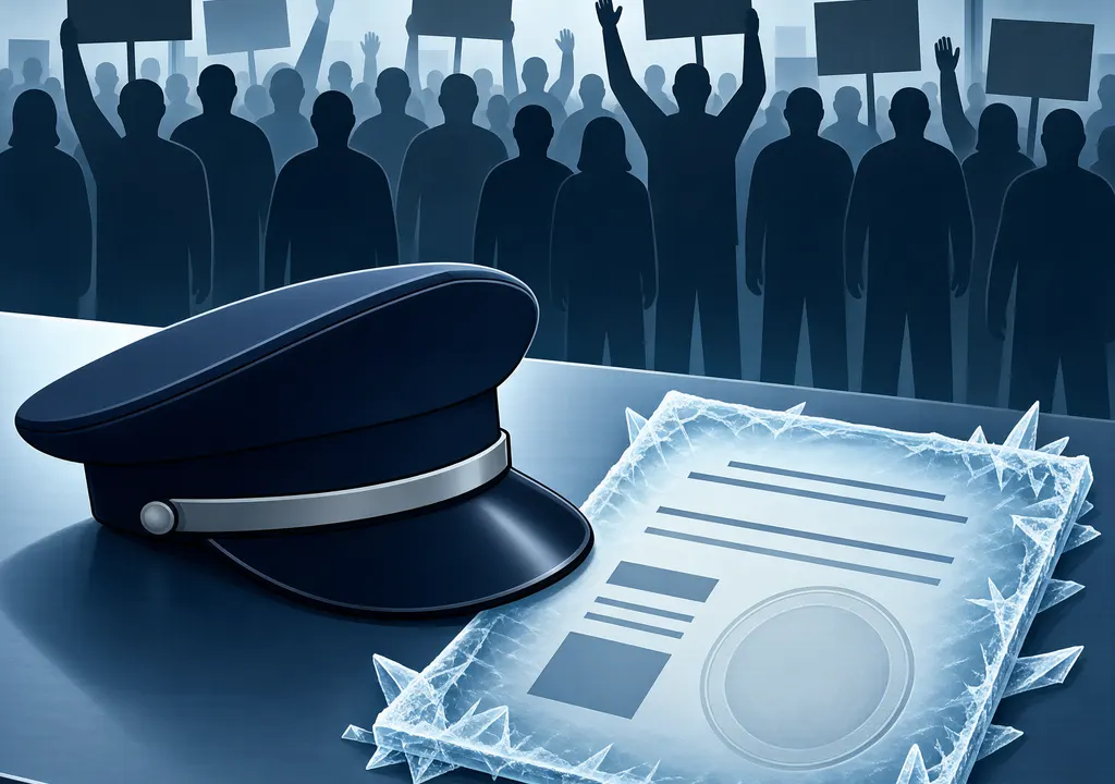 Editorial illustration of a police cap and frozen promotion papers on a government desk with protest crowd silhouettes in the background, flat vector style, muted blue and grey tones