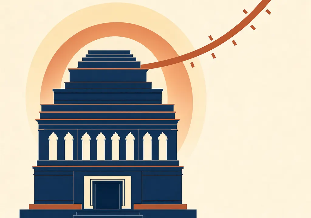 Editorial illustration of a bank tower with a rising policy-rate arrow above it, calm geometric flat style.