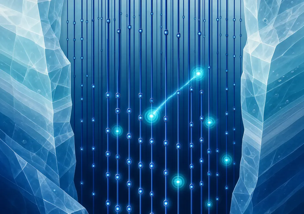 Editorial illustration: a neutrino detector array embedded in Antarctic ice with faint light sensors glowing beneath the surface.