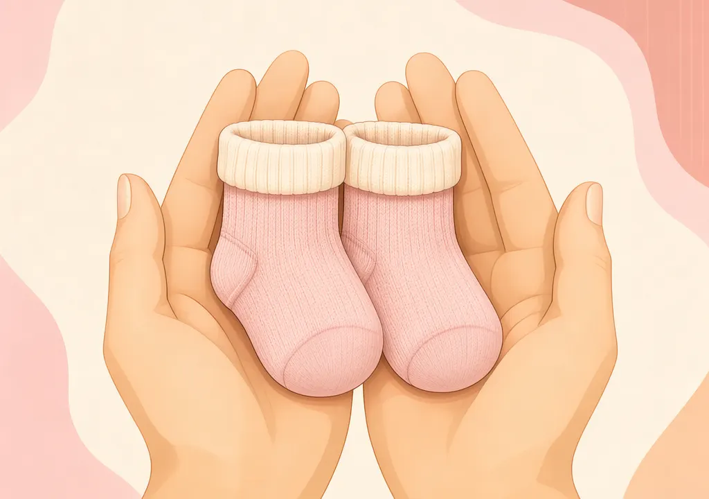 Illustration of tiny baby socks held by two hands on a soft pastel background