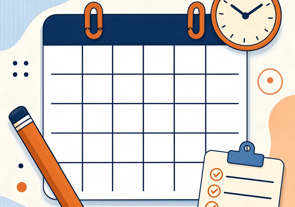 Flat editorial illustration of a calendar page with exam-related icons like a pencil, clock, and checklist in muted blue and orange tones