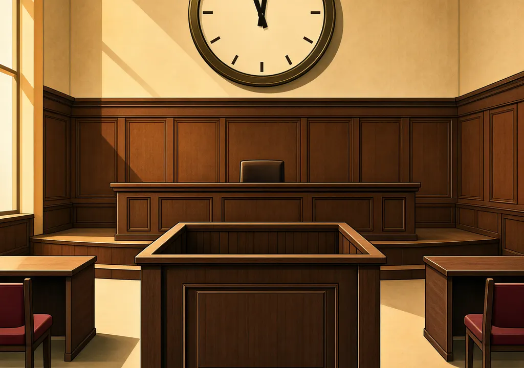 Editorial illustration of a courtroom with an empty dock and a large clock on the wall symbolizing a final one-day deadline, warm muted tones, flat vector style.