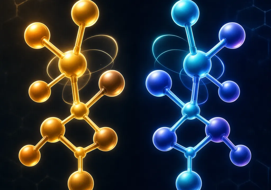 Abstract editorial illustration of mirror-image molecules with one form highlighted in gold against a deep blue background, suggesting molecular asymmetry and scientific discovery.