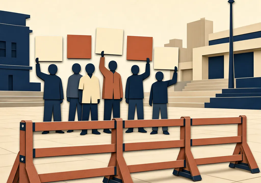 Conceptual illustration of anonymous protesters with blank placards behind a street barricade.